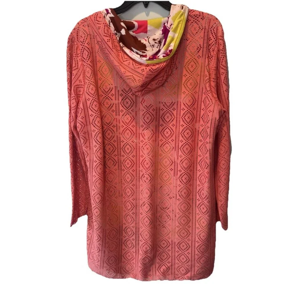 Title Nine Womens Coral‎ Laser Cut Mesh Hooded Tunic Swim Cover Up XL Resortwear